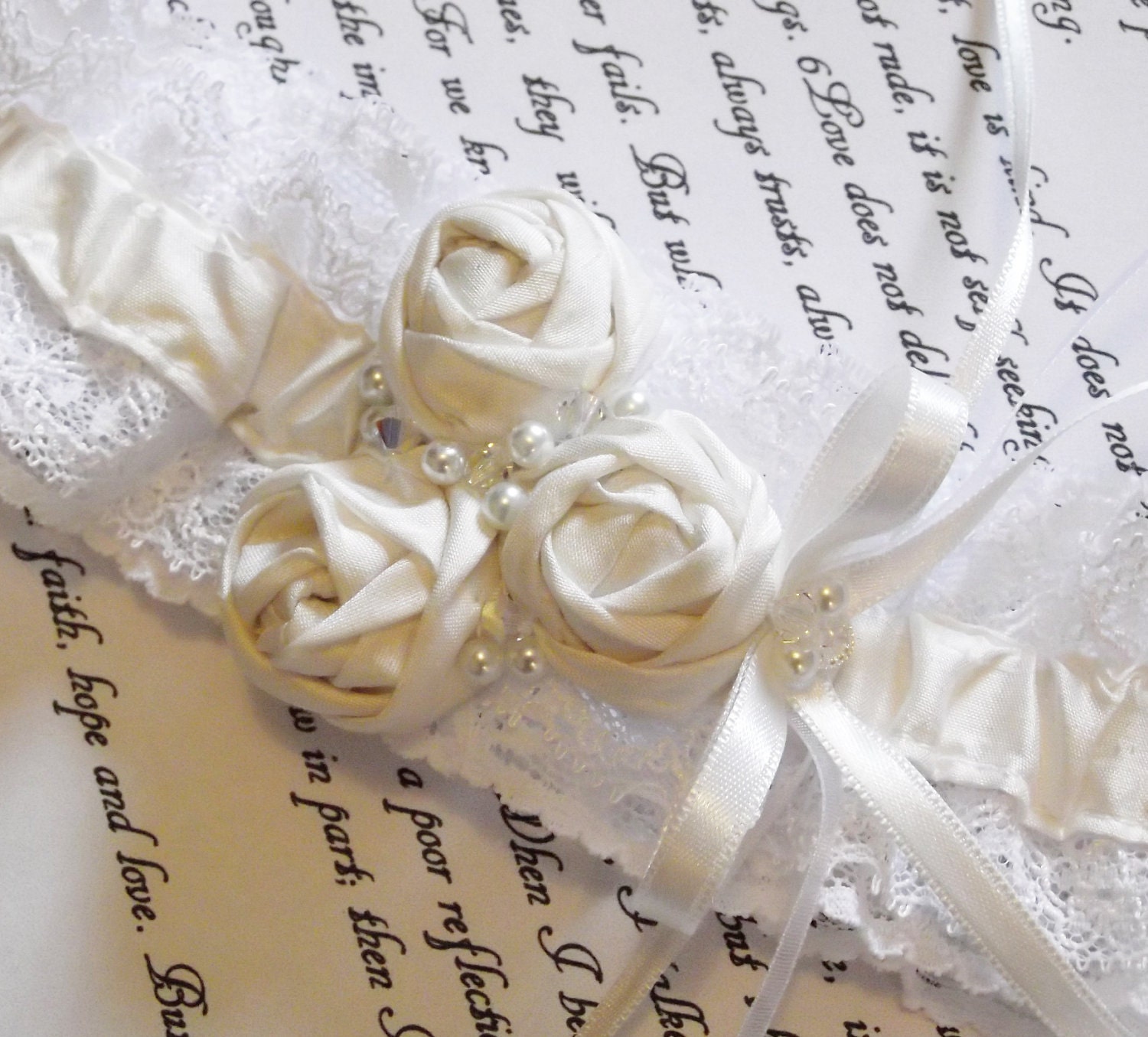 Custom Order for Carole- Ivory Wedding Garter- Silk and Lace with Rosettes, Swarovski Crystals and Glass Pearls