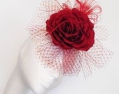 Scarlet Red Rose Hair Fascinator Hand Crafted in Silk with Veil