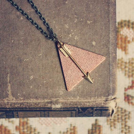 emmalye.  a copper and gold geometric arrow necklace.