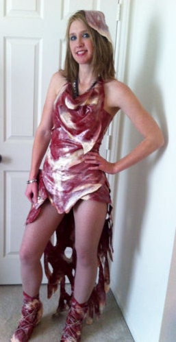 Lady Gaga Inspired Meat Dress Costume Women Men Halloween Concert with Purse and Hat