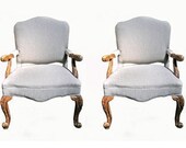Pair of French Regency Style Arm Chairs in Natural Linen with Carved Arms and Cabriole Legs