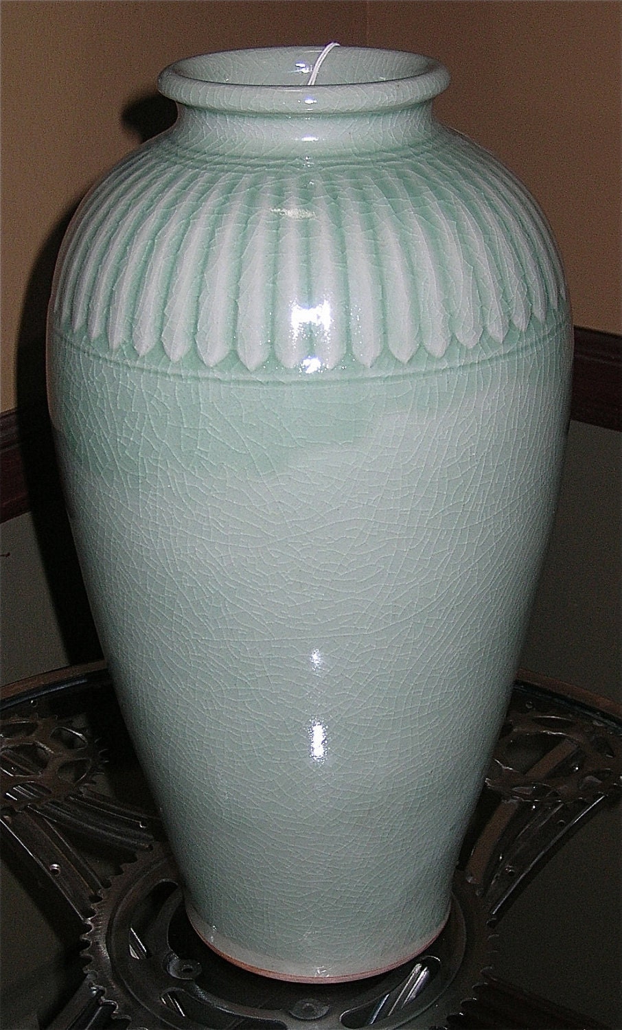 Tall, Signed Craftsman Style Crackle Finish Celadon Vase