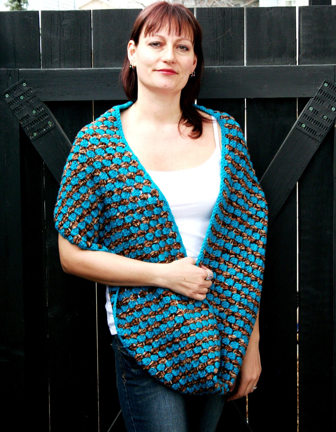 Crochet Peacock Blue and Multi Browns Infinity Scarf Neck-warmer Cowl Shawl Wrap