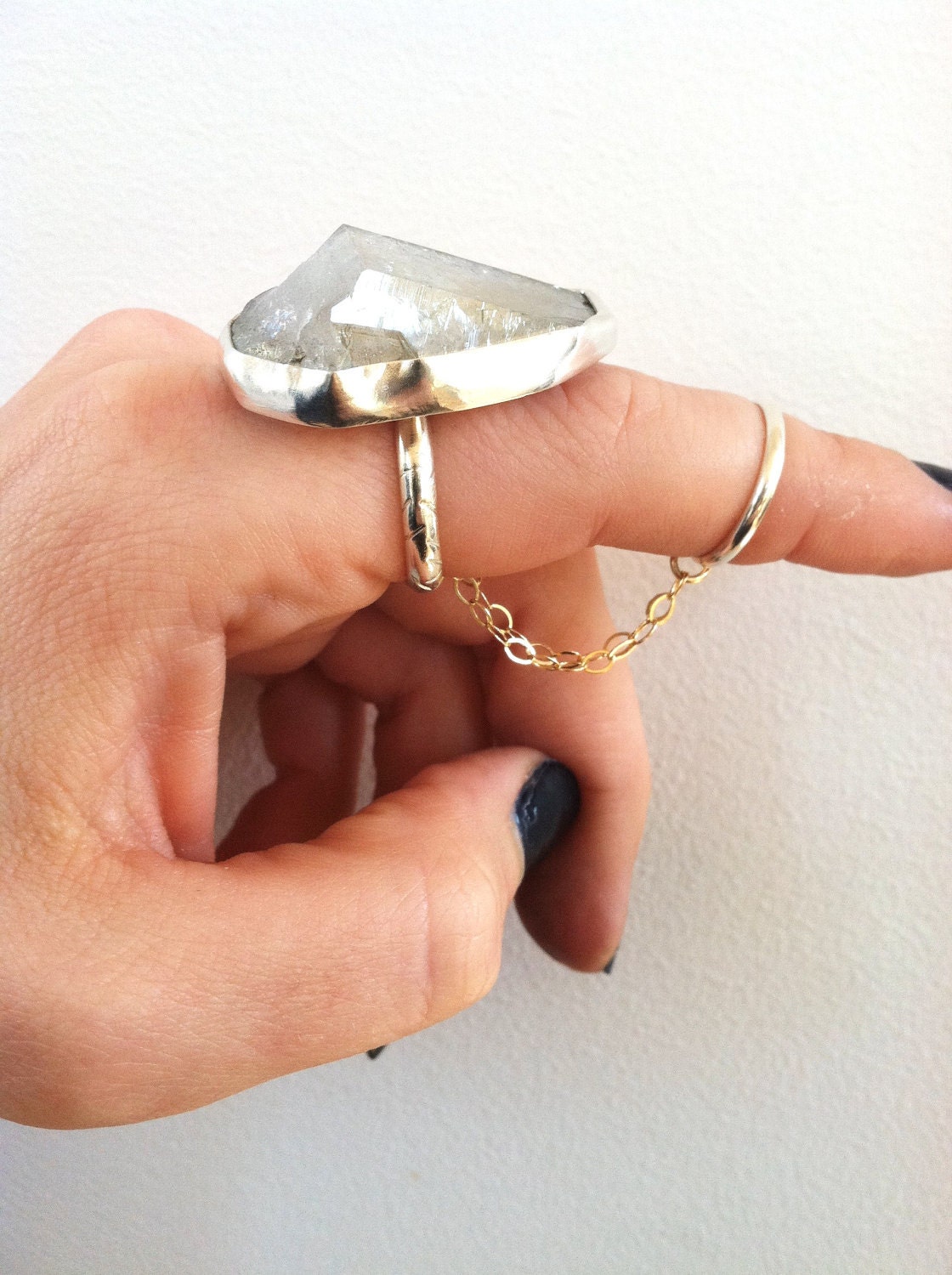 Pyramid Quartz and Sterling Silver Chain Ring