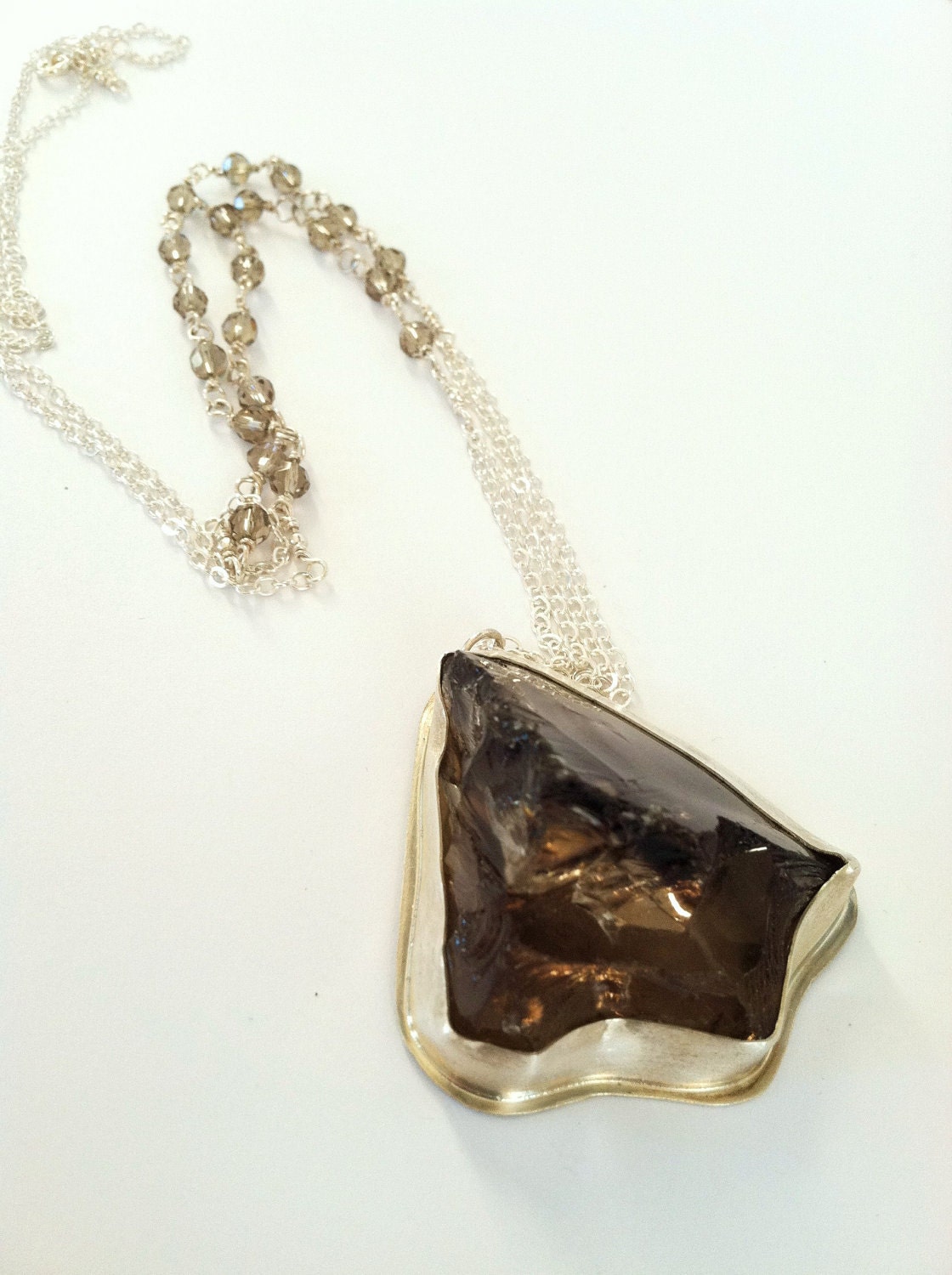 Large Smokey Quart Pendant on Sterling Silver Beaded Chain