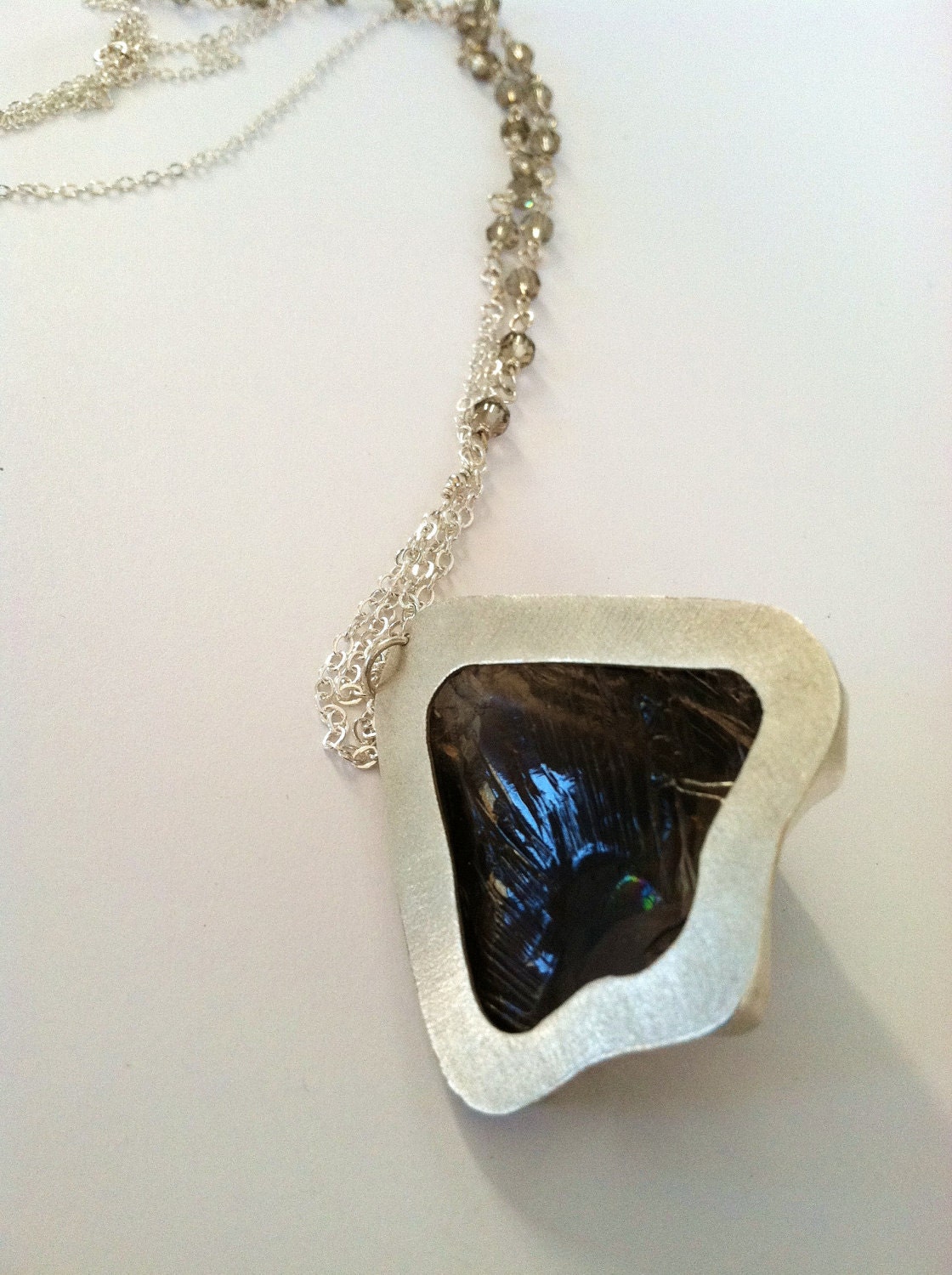 Large Smokey Quart Pendant on Sterling Silver Beaded Chain
