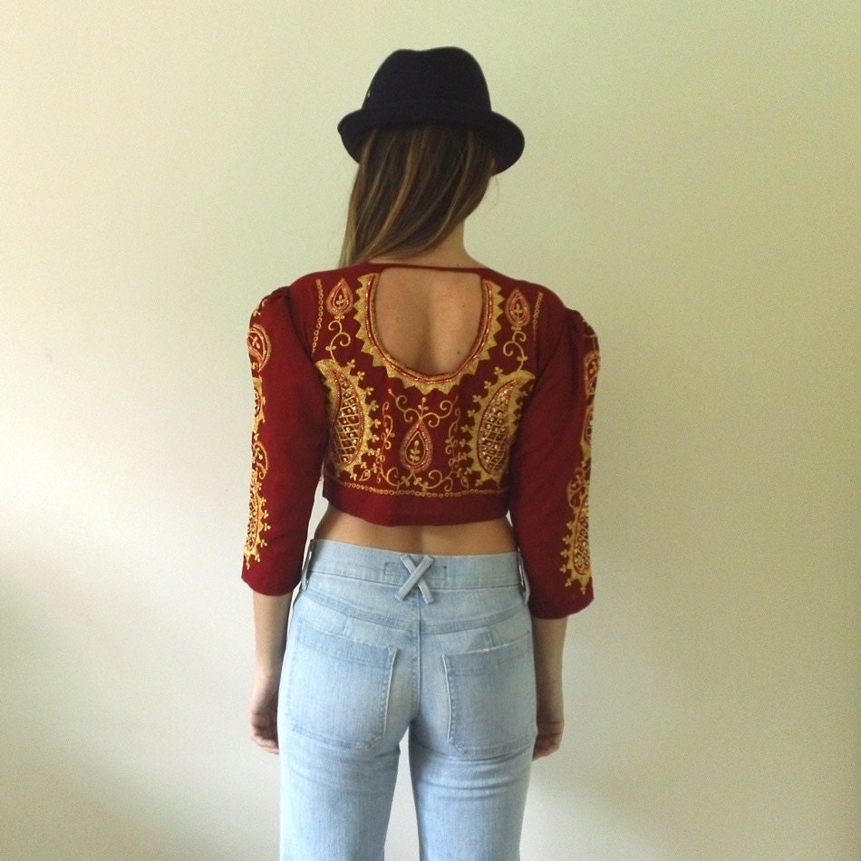 Cropped Gypsy Top  //  Embroidered Choli  //  1960s 1970s Sari Blouse Red and Gold Embroidery