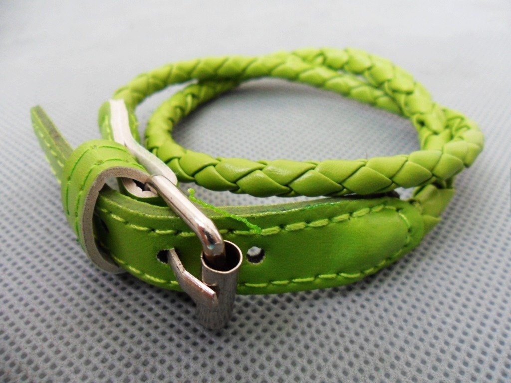 Easter gift Adjustable Green Leather Woven Bracelets /Leather bracelet  180S