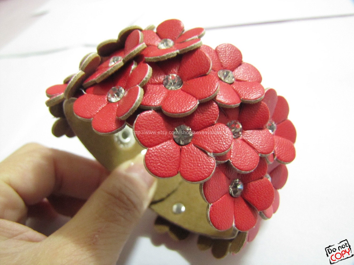 Red Soft  PU  Flowers Multi-Crystal Adjustable Cuff Bracelet 320S