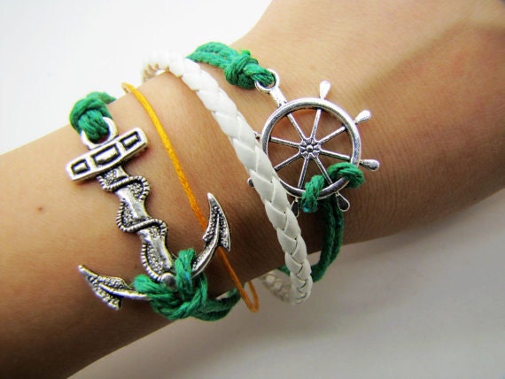 Adjustable Vintage Silver Bacelet  Green Anchor  Bracelet  With  Ropes Cuff  Bracelet  Vintage bracelet  Jewelry Bangle 912S