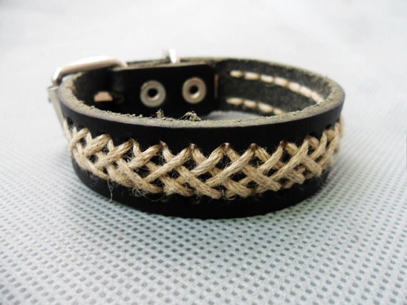 Adjustable Black Real Leather Hemp Ropes Woven and Alloy Buckle Bracelets Leather Bracelet 181S