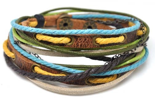Adjustable Bracelet Cuff made of Brown Leather Multicolour Ropes and metal Woven Snapper  44S-A