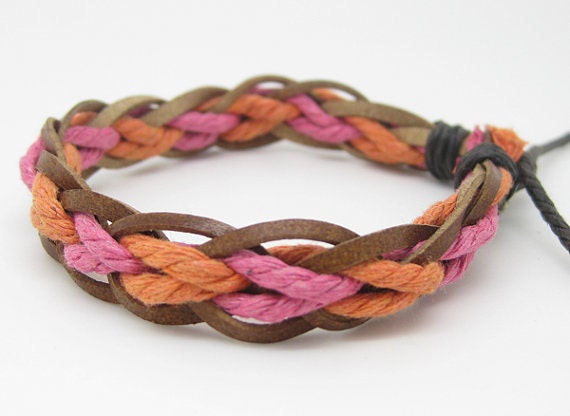 Bracelet Cuff With Brown Leather Multicolour Cotton Paraffined Ropes Woven 049