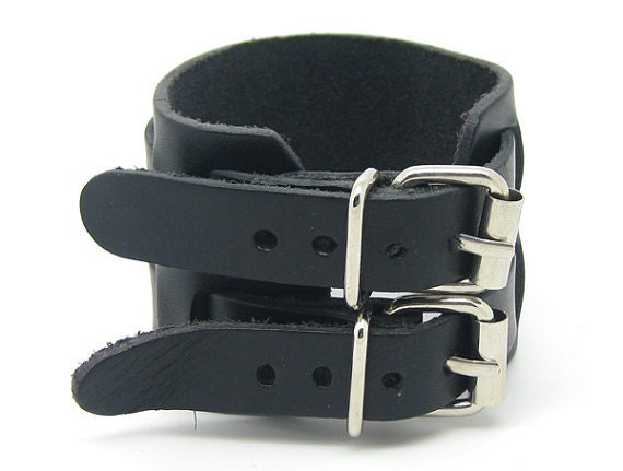 Black Real Leather Bracelet Cuff Double Buckle Mems Bracelet/Women Bracelet 116S
