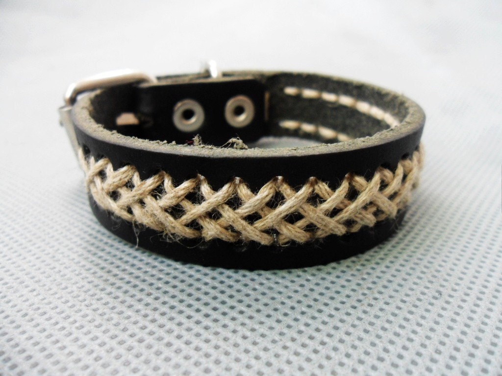 Adjustable Black Real Leather Hemp Ropes Woven and Alloy Buckle Bracelets Leather Bracelet 181S