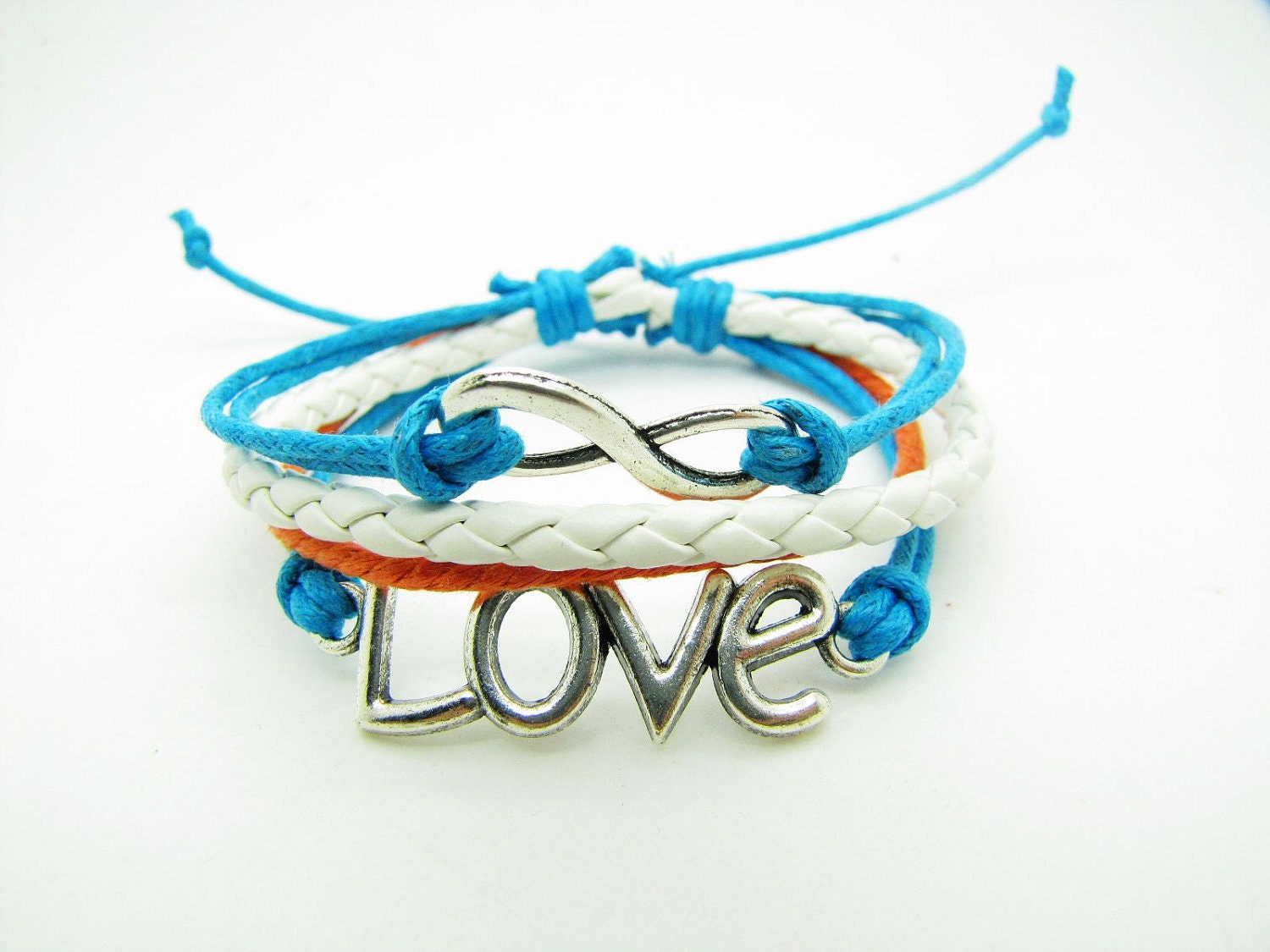 Blue Rope and White Leather Steampunk Bracelet antique silver karma love bracelet,Infinity Wish Love Bracelet Adjustable Bracelet 907S