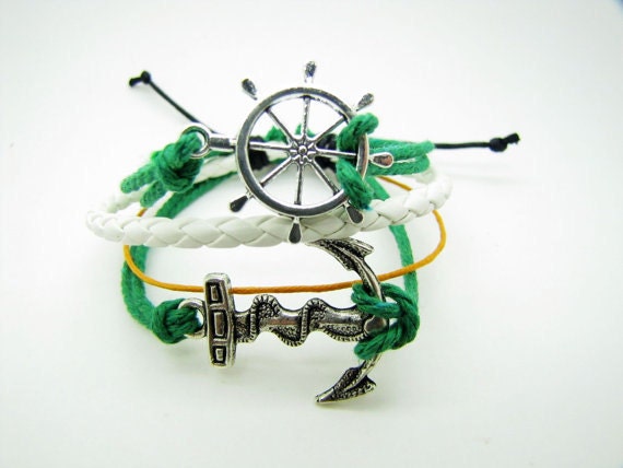 Adjustable Vintage Silver Bacelet Green Anchor Bracelet With Ropes Cuff Bracelet Vintage bracelet Jewelry Bangle 912S