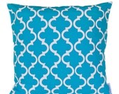 Cushion cover Geometric design. White design on aqua Linen/Cotton 50cm x 50cm