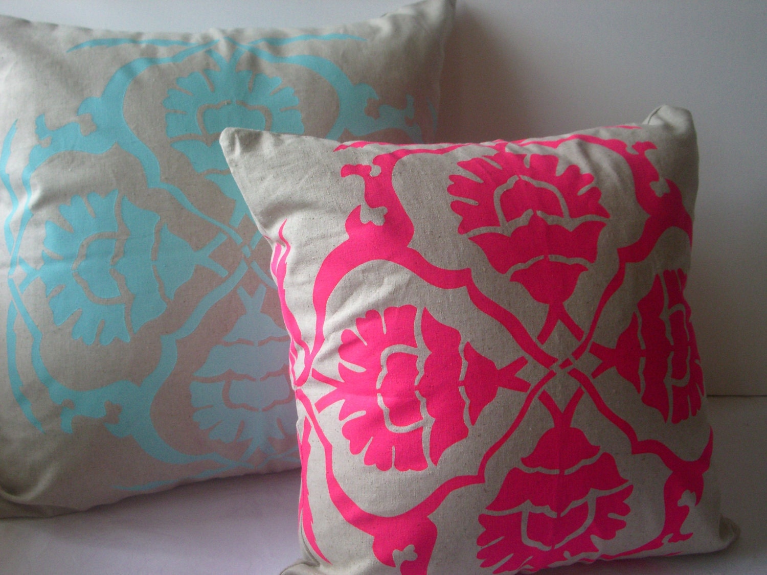 Aqua Door Designs Cushion cover in Floral A. Fluro pink design on sand/beige Linen/Cotton 42cmx42cm