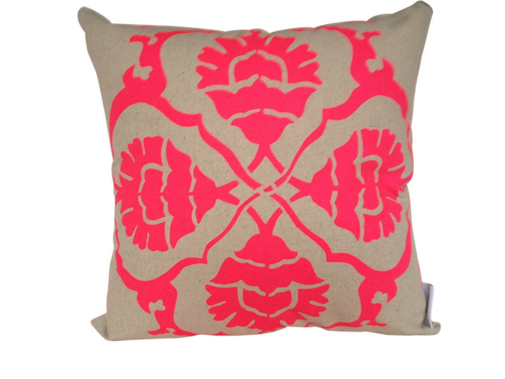 Aqua Door Designs Cushion cover in Floral A. Fluro pink design on sand/beige Linen/Cotton 42cmx42cm