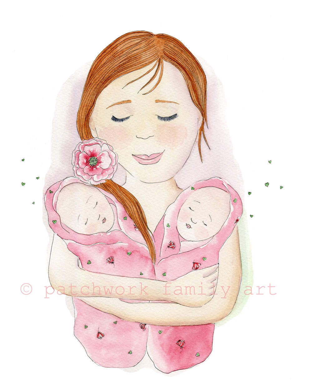 Twins illustration Print " Double Blessing" 8x10 inch Motherhood Art