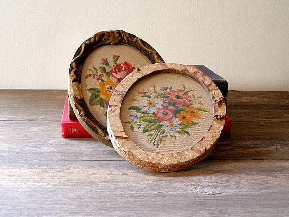 Antique embroidered flowers Oval Pictures Listed by MeshuMaASH on Etsy