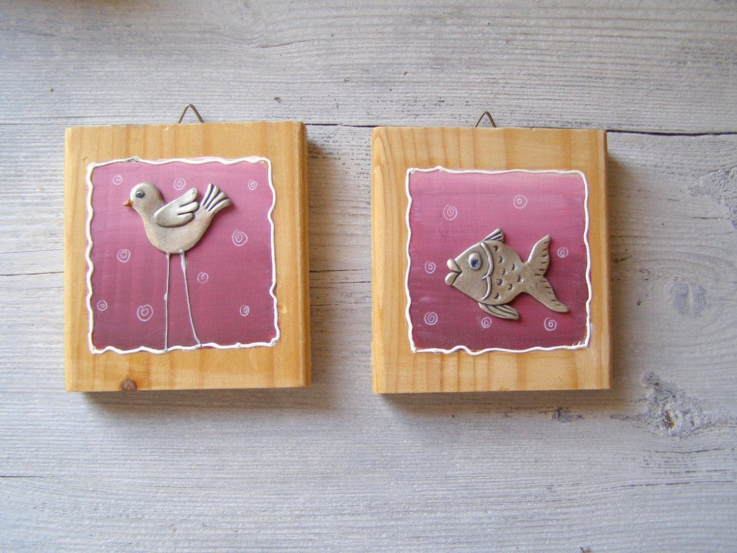 Retro Pink Nursery decor, Fish wall art, Bird wall art, Cottage chic, Rustic woodland, Shabby chic decoration, Spring