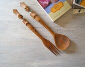 Vintage Tribal primitive figurines, Fork and Spoon, Folk art Ethnic decor, Retro kitchen, rustic decor, Hostess gift