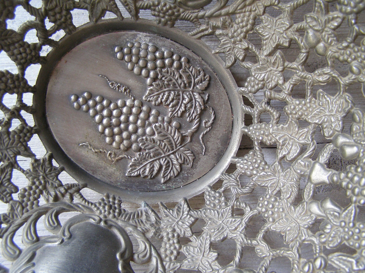 Vintage Filigree Bowl, Grapes design metal big Bowl