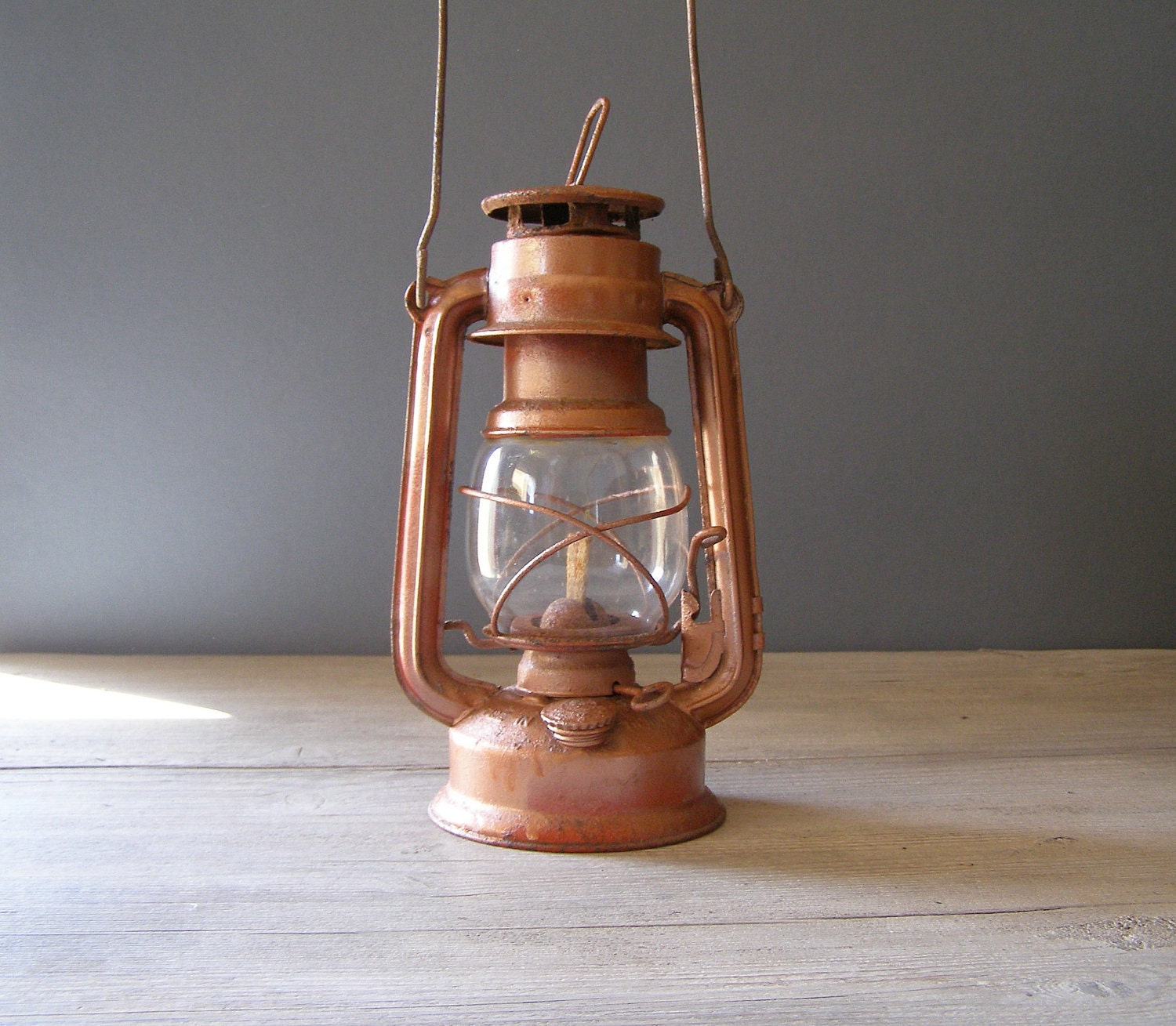 Brown Lantern Lamp, Vintage rustic brown Railroad Lamp