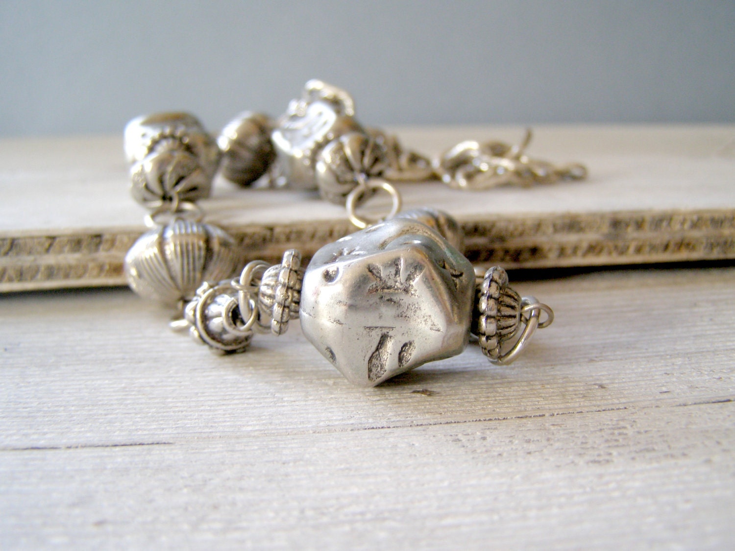 Chunky Boho Necklace, Vintage silver tone retro Necklace