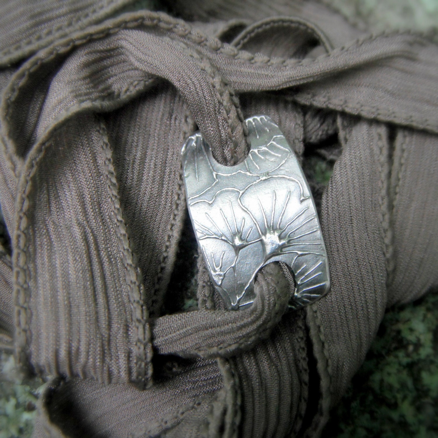 Yoga Jewelry, Ginkgo Bracelet, Wrap Bracelet- Artisan Handcrafted- Recycled Fine Silver- Silver & Silk Wrap Bracelet-