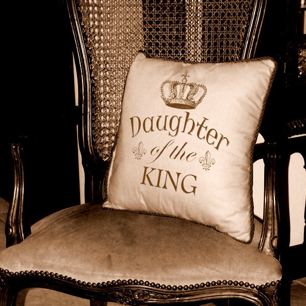 Daughter of the King Text Word Calligraphy with Crown Digital Image Download Transfer To Pillows Tote Tea Towels Burlap No. 2247 SEPIA