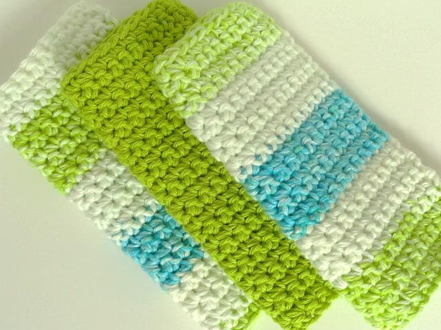 Crocheted Cotton Washcloths Dishcloths Set of 3 in Tropical Breeze Colors of Lime Green Aqua Blue & White