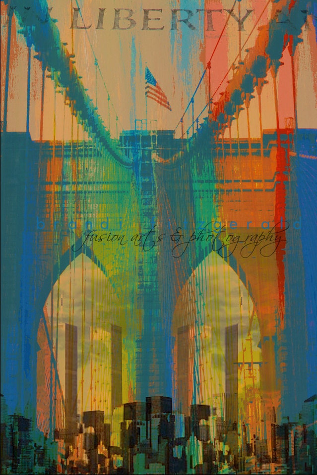 Glorious Brooklyn.  8" x 10"  New York City Twin Towers Bridge Skyline Fusion Paintographic