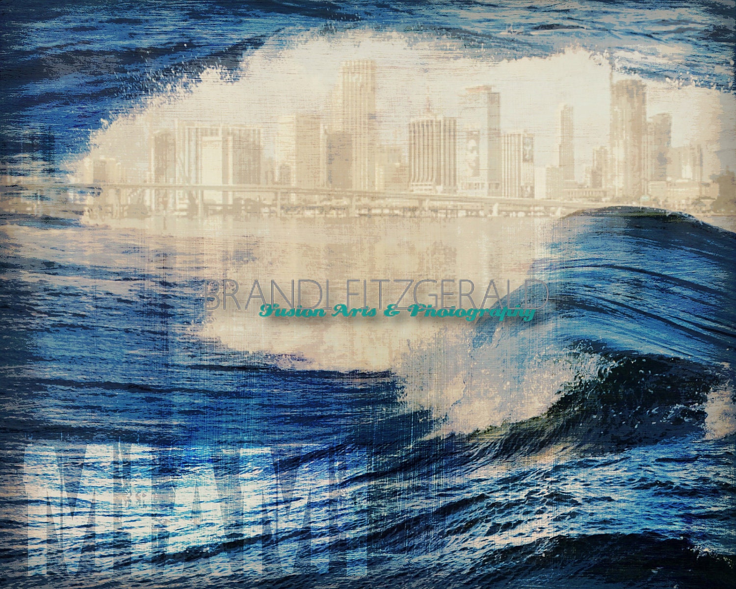 Surf Miami. 8" x 10" City Skyline Surfing Fusion Paintographic Fine Art Print