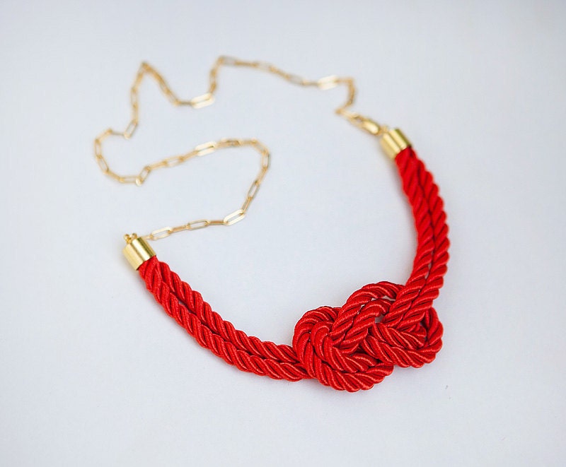 Scarlet Nautical Knot  Rope Necklace with golden chain by pardes israel