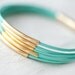 Resreved for Monica T: Mint Green Leather Bracelet with 6 Golden tubes by pardes israel