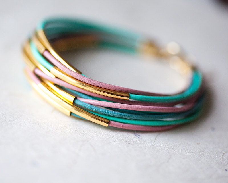 Pastel colors Leather Bracelet with 12 Golden tubes by pardes israel