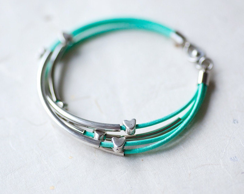 Mint Green Leather Bracelet with Golden or Silver Small Hearts and Tubes by pardes israel