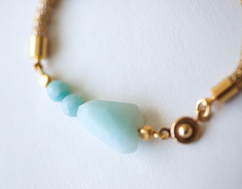 NEW Collection Amazonite Light Blue Beads on Gold Mesh Cord Bracelet by pardes israel