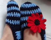 Crochet Slippers for Women  striped blue and navy RED Flowers Adult Slippers,Stylish Ballerina SlippersHome Shoes, Crochet Women Slippers