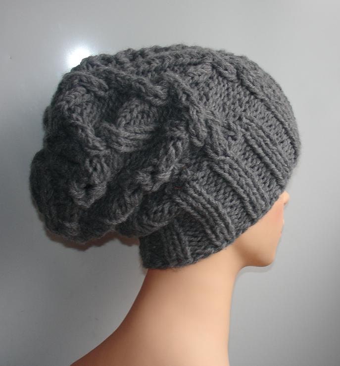 Handmade Knit Cable Hat Beanie Slouchy Hat Beanie Large for Men / Women GRAY Baggy cabled Slouchy hat Warm hat