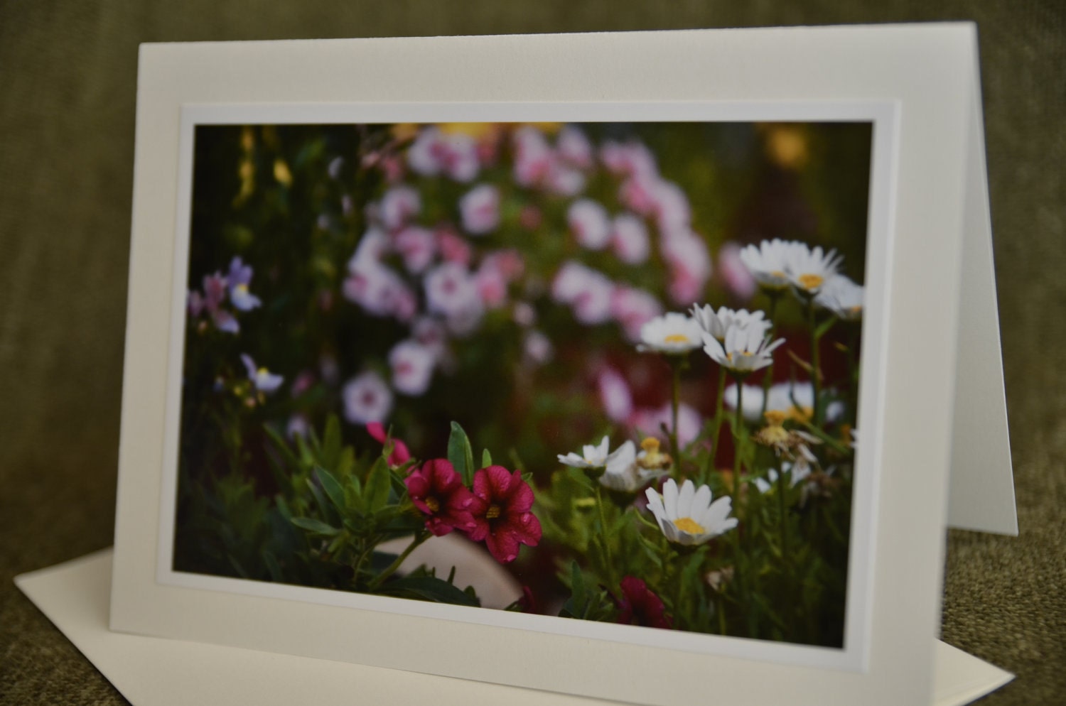 pink flowers, purple flowers, white daisy photo, handmade card, eco friendly, rich magenta flower, all occasion card