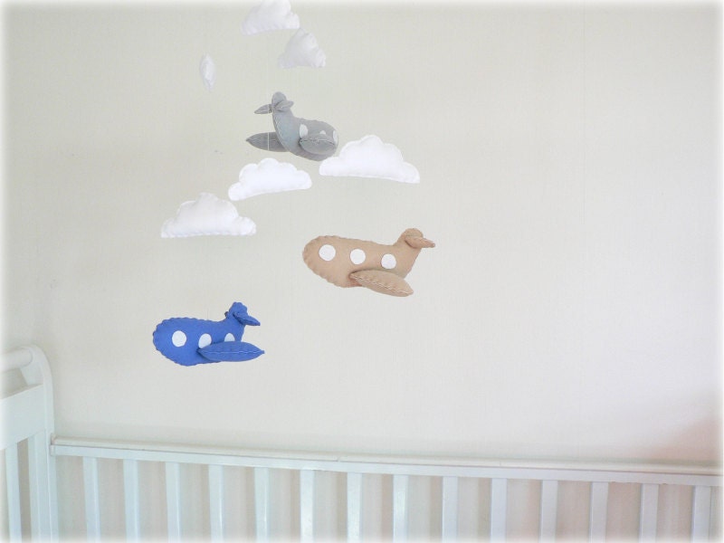 Airplane mobile - You pick your colors - blue, gray and beige planes and white clouds - Nursery Decor