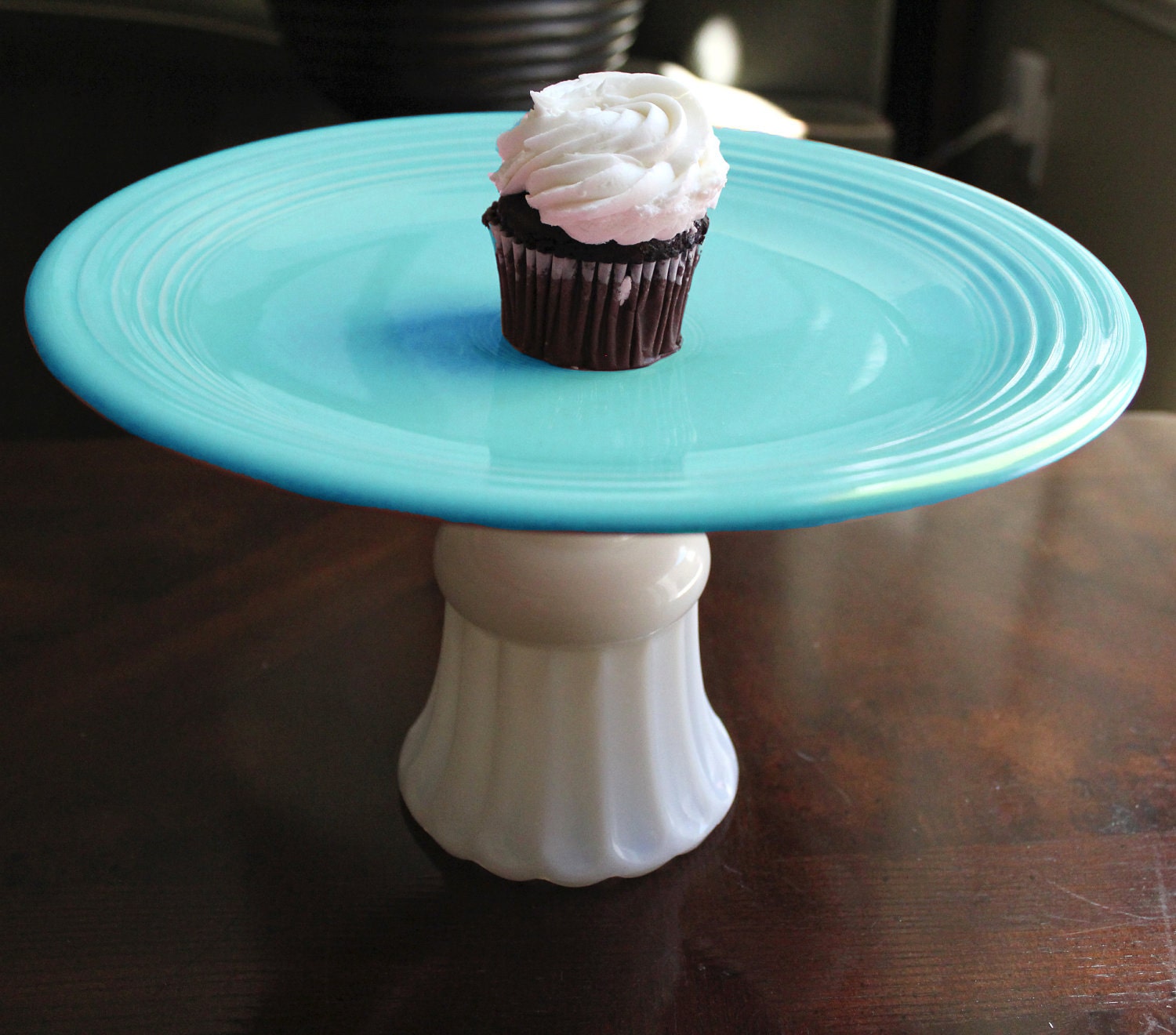 Cupcake Stand / Vintage Cake Stand / Cupcake Pedestal for Wedding or Baby Shower Cupcakes w/ Custom Cupcake Wrappers / Turquoise Aqua Blue