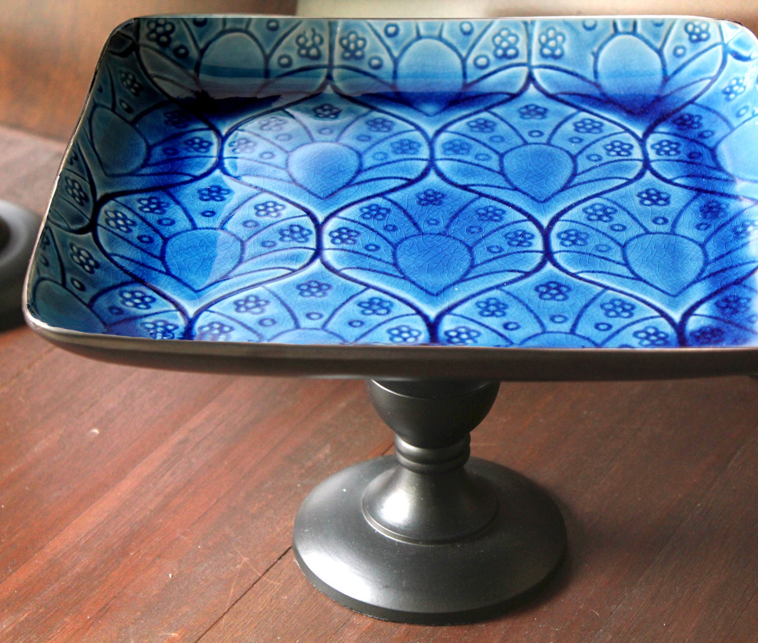 Ceramic Cake Stand Pedestal in Cobalt Blue / Cupcake Stand / Dessert Pedestal / Petit Four Platter Tray for Petit Fours / Square Cake Stand