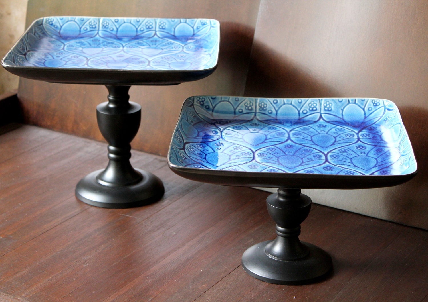 Ceramic Cake Stand Pedestal in Cobalt Blue / Cupcake Stand / Dessert Pedestal / Petit Four Platter Tray for Petit Fours / Square Cake Stand