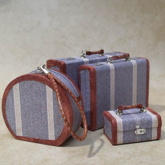 1:12 Scale Miniature Luggage / Retro Stripe 4-Piece Matching Set, Gray/Tan