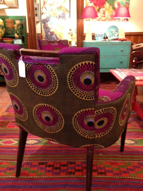 Mid century club chairs reupholstered in purple african wax print fabrics